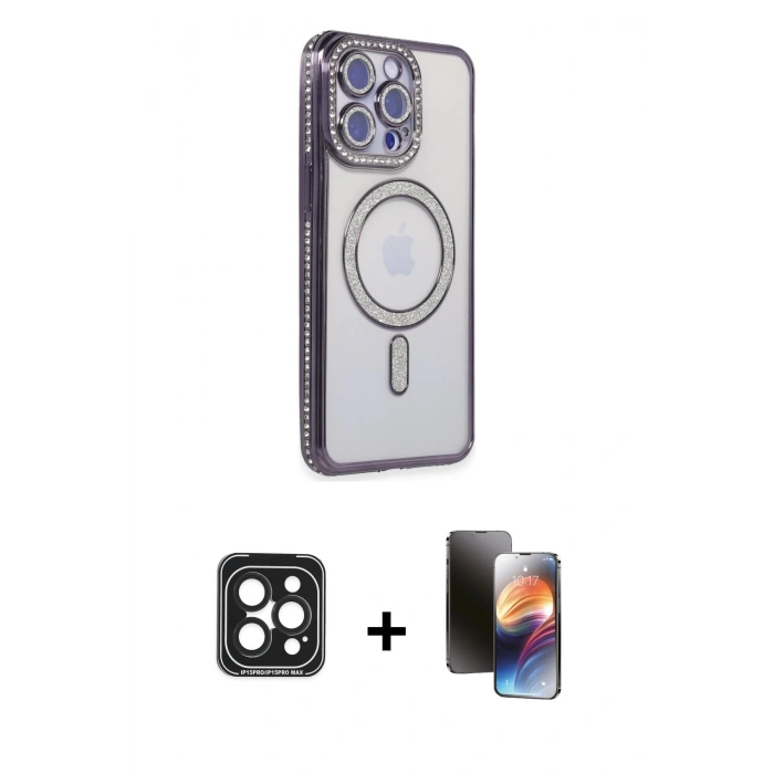 MARSİLYAN™- iPhone 15 Pro Max Kılıf Zirve Doku Prime - Siyah 3D Antistatik Mat Seramik Nano Ekran Koruyucu + PVD Metal Kamera Lens - SH