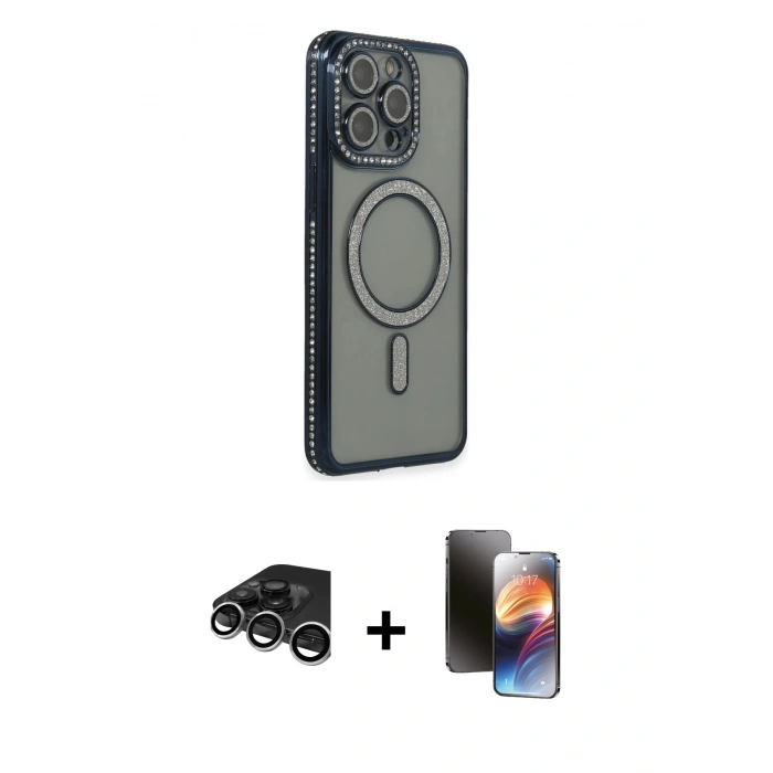 MARSİLYAN™- iPhone 15 Pro Max Kılıf Zirve Doku Prime - Siyah 3D Antistatik Mat Seramik Nano Ekran Koruyucu + Raze Metal Kamera Lens - GS