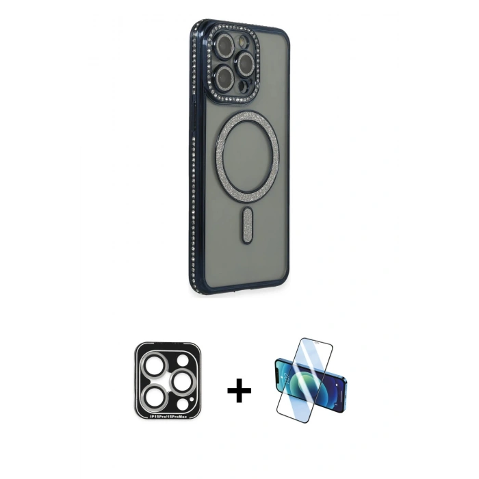 MARSİLYAN™- iPhone 15 Pro Max Kılıf Zirve Doku Prime - Siyah 3D Antistatik Seramik Nano Ekran Koruyucu + PVD Metal Kamera Lens - GS