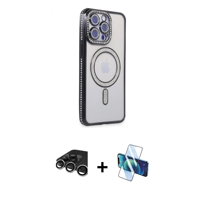 MARSİLYAN™- iPhone 15 Pro Max Kılıf Zirve Doku Prime - Siyah 3D Antistatik Seramik Nano Ekran Koruyucu + Raze Metal Kamera Lens - GS