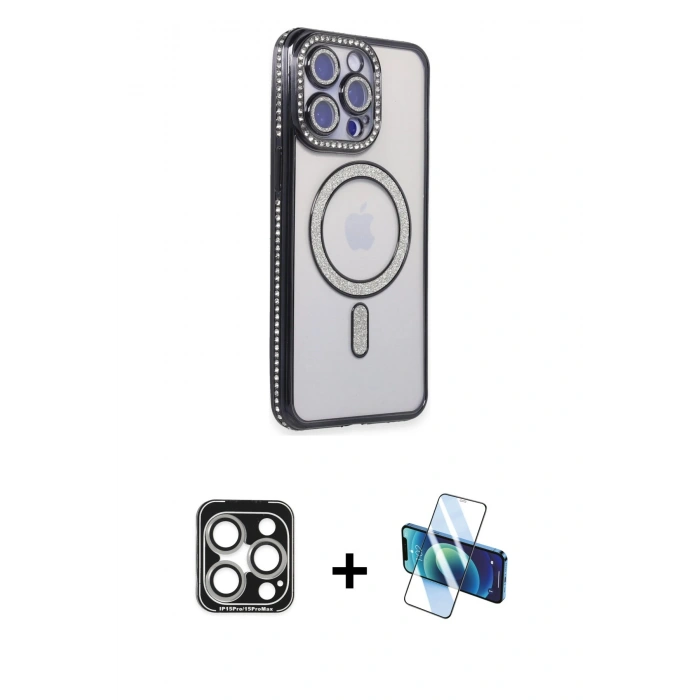 MARSİLYAN™- iPhone 15 Pro Max Kılıf Zirve Doku Prime - Siyah 3D Antistatik Seramik Nano Ekran Koruyucu + PVD Metal Kamera Lens - GS