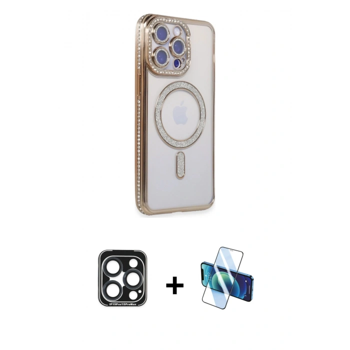 MARSİLYAN™- iPhone 15 Pro Max Kılıf Zirve Doku Prime - Siyah 3D Antistatik Seramik Nano Ekran Koruyucu + PVD Metal Kamera Lens - LT