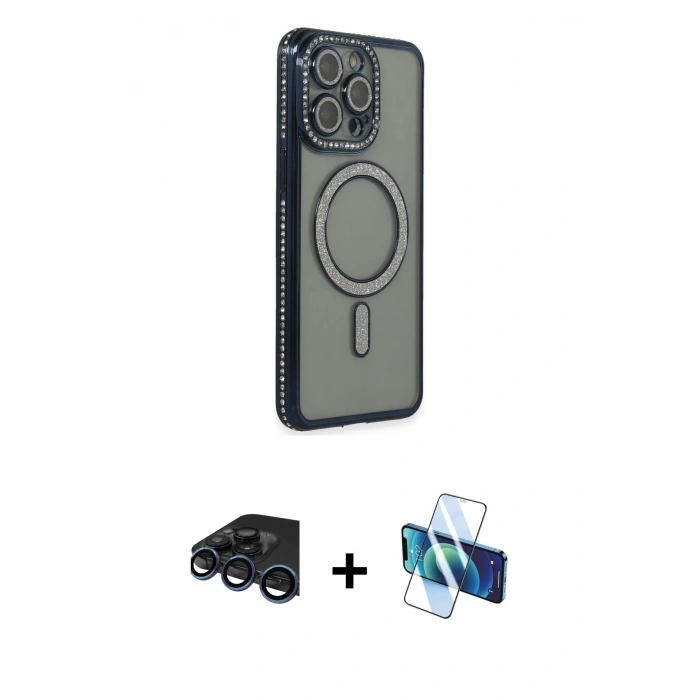 MARSİLYAN™- iPhone 15 Pro Max Kılıf Zirve Doku Prime - Siyah 3D Antistatik Seramik Nano Ekran Koruyucu + Raze Metal Kamera Lens - LT