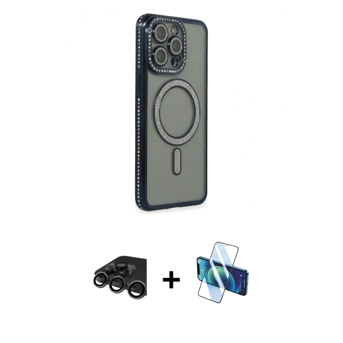 MARSİLYAN™- iPhone 15 Pro Max Kılıf Zirve Doku Prime - Siyah 3D Antistatik Seramik Nano Ekran Koruyucu + Raze Metal Kamera Lens - TMGI