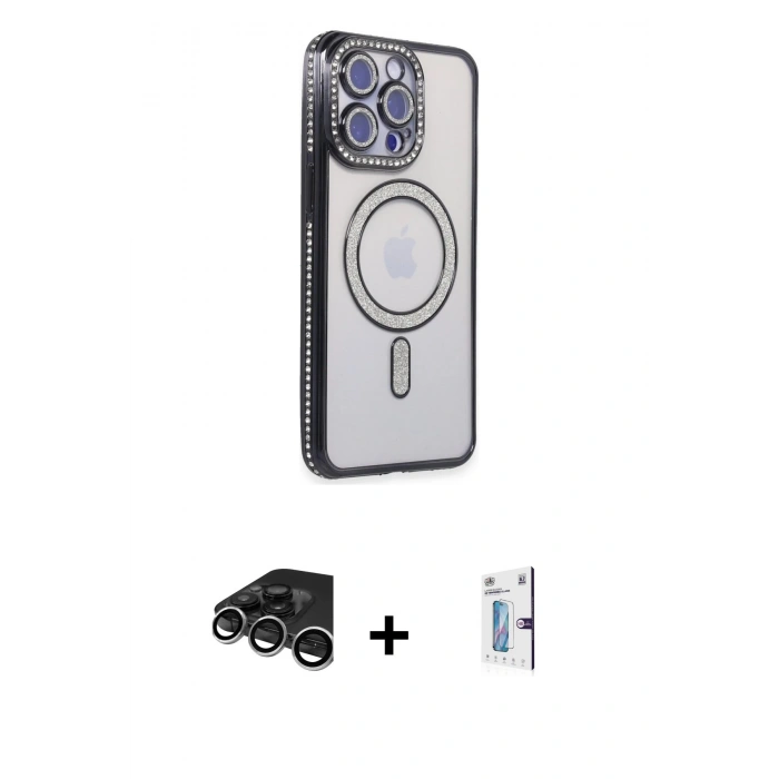 MARSİLYAN™- iPhone 15 Pro Max Kılıf Zirve Doku Prime - Siyah Bilvis 0.18mm Plus Cam Ekran Koruyucu + Raze Metal Kamera Lens - GS