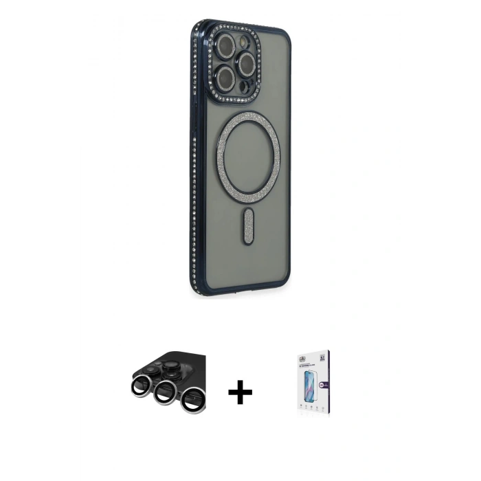 MARSİLYAN™- iPhone 15 Pro Max Kılıf Zirve Doku Prime - Siyah Bilvis 0.18mm Plus Cam Ekran Koruyucu + Raze Metal Kamera Lens - GS