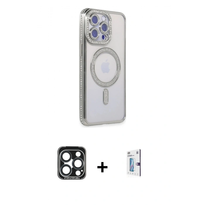 MARSİLYAN™- iPhone 15 Pro Max Kılıf Zirve Doku Prime - Siyah Bilvis 0.18mm Plus Cam Ekran Koruyucu + PVD Metal Kamera Lens - LT