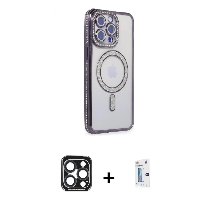 MARSİLYAN™- iPhone 15 Pro Max Kılıf Zirve Doku Prime - Siyah Bilvis 0.18mm Plus Cam Ekran Koruyucu + PVD Metal Kamera Lens - LT