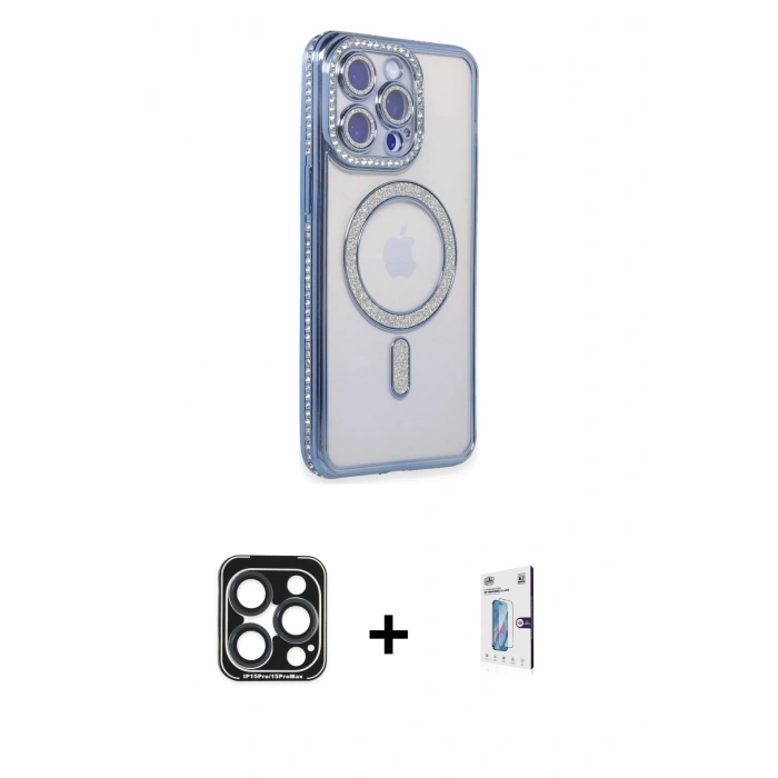 MARSİLYAN™- iPhone 15 Pro Max Kılıf Zirve Doku Prime - Siyah Bilvis 0.18mm Plus Cam Ekran Koruyucu + PVD Metal Kamera Lens - LT