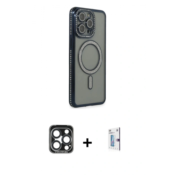 MARSİLYAN™- iPhone 15 Pro Max Kılıf Zirve Doku Prime - Siyah Bilvis 0.18mm Plus Cam Ekran Koruyucu + PVD Metal Kamera Lens - LT