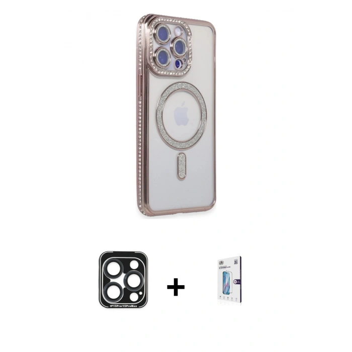 MARSİLYAN™- iPhone 15 Pro Max Kılıf Zirve Doku Prime - Siyah Bilvis 0.18mm Plus Cam Ekran Koruyucu + PVD Metal Kamera Lens - LT