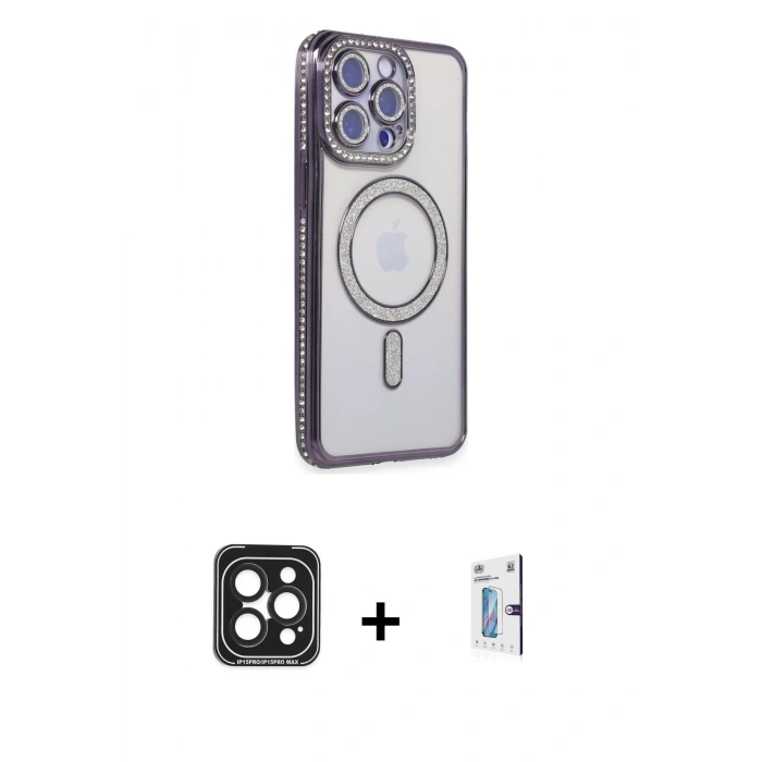 MARSİLYAN™- iPhone 15 Pro Max Kılıf Zirve Doku Prime - Siyah Bilvis 0.18mm Plus Cam Ekran Koruyucu + PVD Metal Kamera Lens - SH