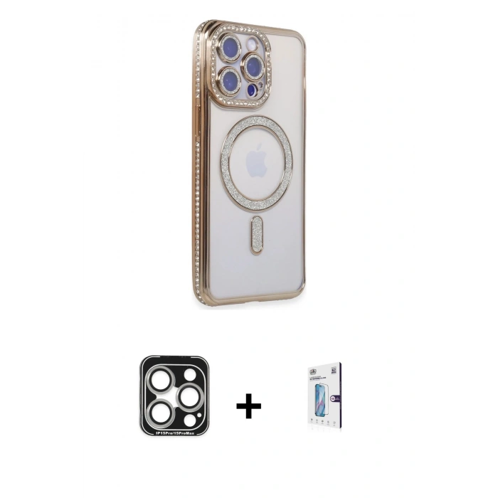 MARSİLYAN™- iPhone 15 Pro Max Kılıf Zirve Doku Prime - Siyah Bilvis 0.18mm Plus Cam Ekran Koruyucu + PVD Metal Kamera Lens - GS