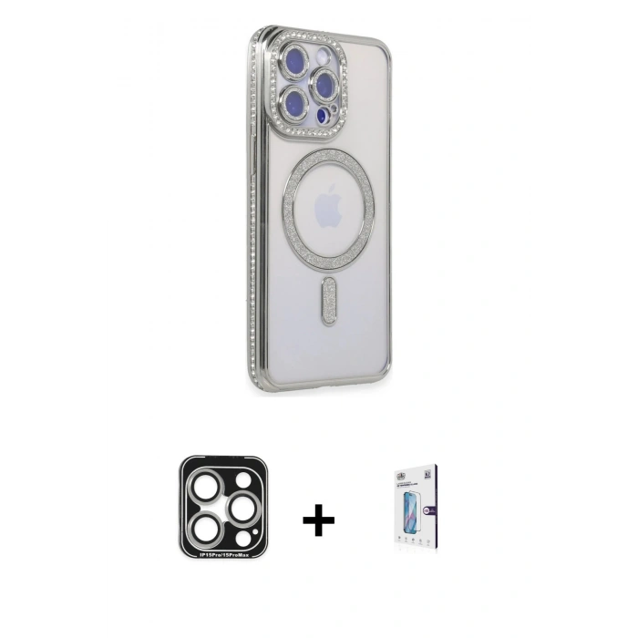 MARSİLYAN™- iPhone 15 Pro Max Kılıf Zirve Doku Prime - Siyah Bilvis 0.18mm Plus Cam Ekran Koruyucu + PVD Metal Kamera Lens - GS