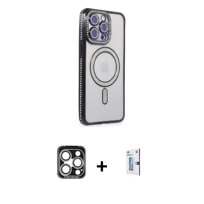 MARSİLYAN™- iPhone 15 Pro Max Kılıf Zirve Doku Prime - Siyah Bilvis 0.18mm Plus Cam Ekran Koruyucu + PVD Metal Kamera Lens - GS