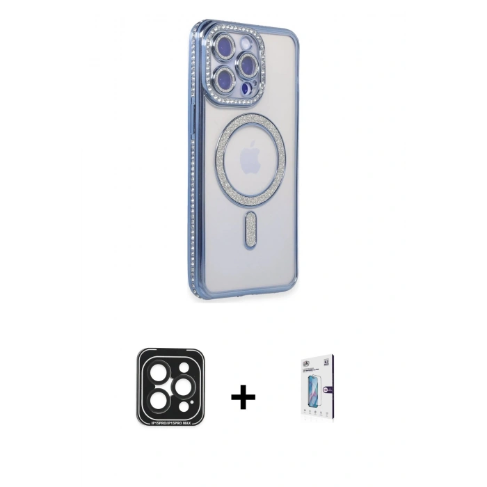 MARSİLYAN™- iPhone 15 Pro Max Kılıf Zirve Doku Prime - Siyah Bilvis 0.18mm Plus Cam Ekran Koruyucu + PVD Metal Kamera Lens - SH