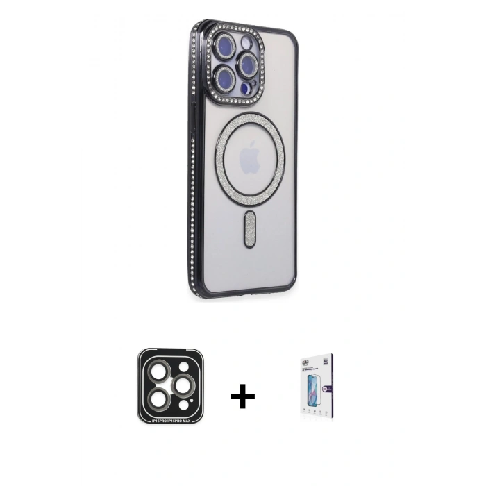 MARSİLYAN™- iPhone 15 Pro Max Kılıf Zirve Doku Prime - Siyah Bilvis 0.18mm Plus Cam Ekran Koruyucu + PVD Metal Kamera Lens - GI