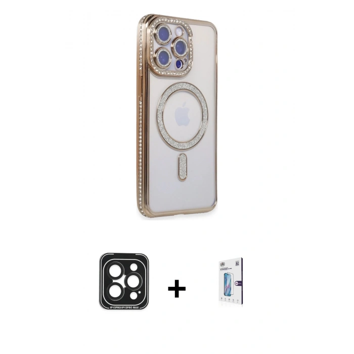 MARSİLYAN™- iPhone 15 Pro Max Kılıf Zirve Doku Prime - Siyah Bilvis 0.18mm Plus Cam Ekran Koruyucu + PVD Metal Kamera Lens - SH