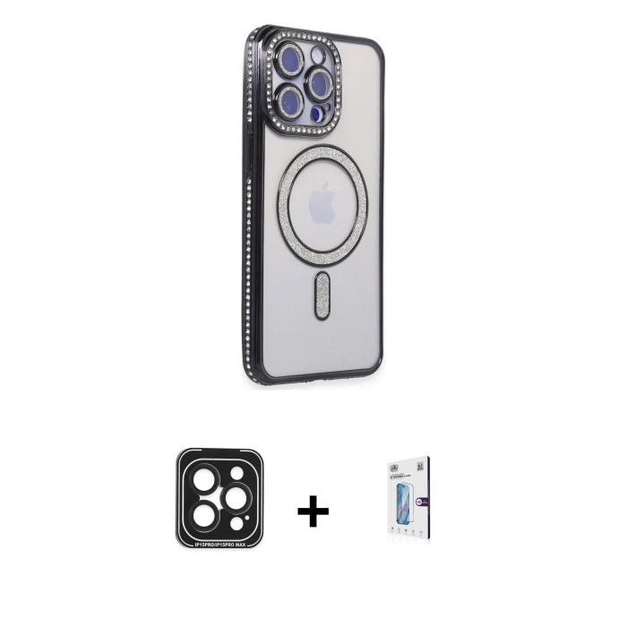 MARSİLYAN™- iPhone 15 Pro Max Kılıf Zirve Doku Prime - Siyah Bilvis 0.18mm Plus Cam Ekran Koruyucu + PVD Metal Kamera Lens - SH