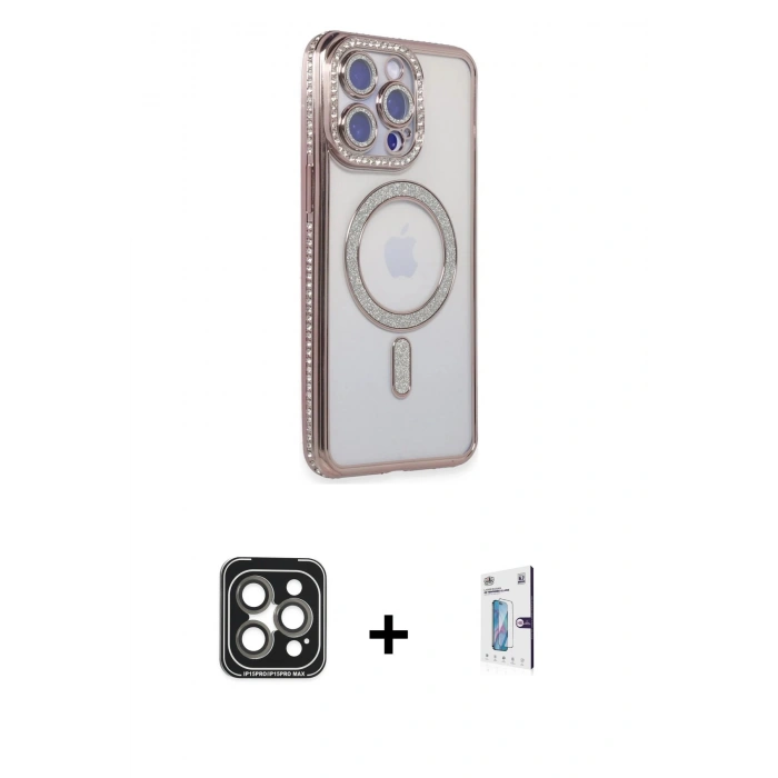 MARSİLYAN™- iPhone 15 Pro Max Kılıf Zirve Doku Prime - Siyah Bilvis 0.18mm Plus Cam Ekran Koruyucu + PVD Metal Kamera Lens - GI