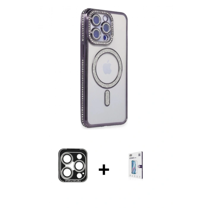 MARSİLYAN™- iPhone 15 Pro Max Kılıf Zirve Doku Prime - Siyah Bilvis 0.18mm Plus Cam Ekran Koruyucu + PVD Metal Kamera Lens - GS