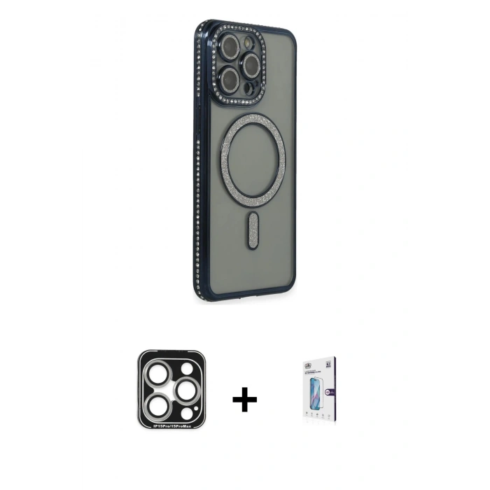 MARSİLYAN™- iPhone 15 Pro Max Kılıf Zirve Doku Prime - Siyah Bilvis 0.18mm Plus Cam Ekran Koruyucu + PVD Metal Kamera Lens - GS