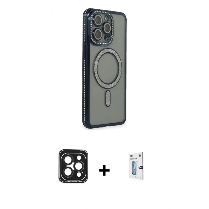 MARSİLYAN™- iPhone 15 Pro Max Kılıf Zirve Doku Prime - Siyah Bilvis 0.18mm Plus Cam Ekran Koruyucu + PVD Metal Kamera Lens - SH
