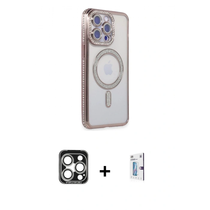 MARSİLYAN™- iPhone 15 Pro Max Kılıf Zirve Doku Prime - Siyah Bilvis 0.18mm Plus Cam Ekran Koruyucu + PVD Metal Kamera Lens - GS