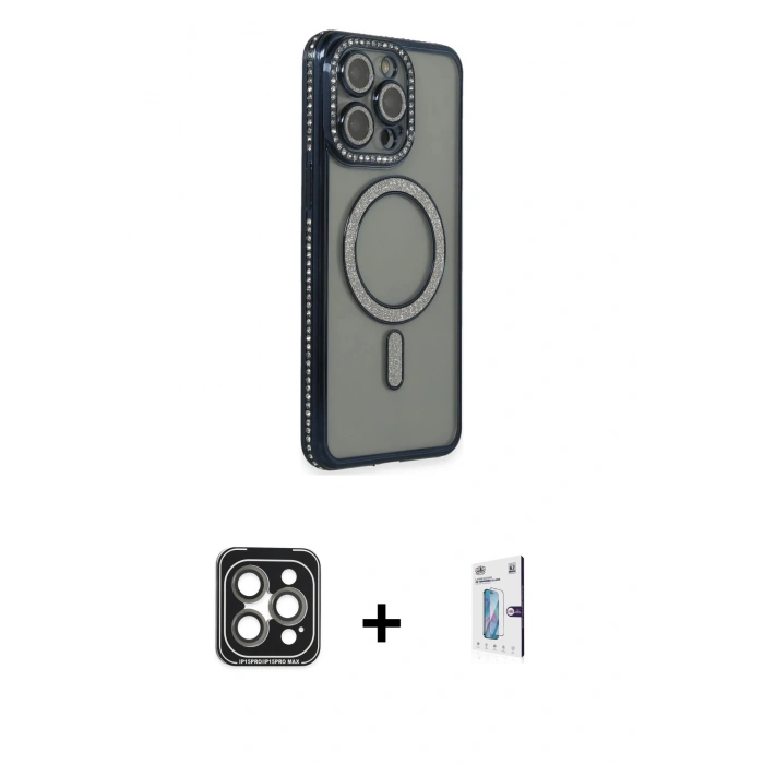 MARSİLYAN™- iPhone 15 Pro Max Kılıf Zirve Doku Prime - Siyah Bilvis 0.18mm Plus Cam Ekran Koruyucu + PVD Metal Kamera Lens - GI