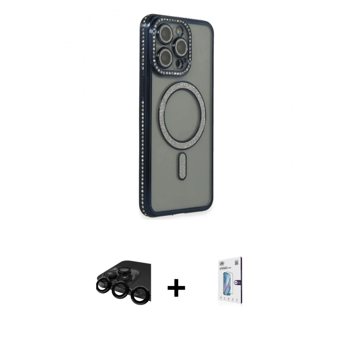 MARSİLYAN™- iPhone 15 Pro Max Kılıf Zirve Doku Prime - Siyah Bilvis 0.18mm Plus Cam Ekran Koruyucu + Raze Metal Kamera Lens - SH