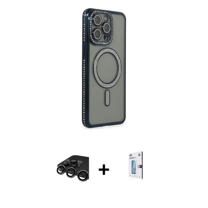 MARSİLYAN™- iPhone 15 Pro Max Kılıf Zirve Doku Prime - Siyah Bilvis 0.18mm Plus Cam Ekran Koruyucu + Raze Metal Kamera Lens - TMGI