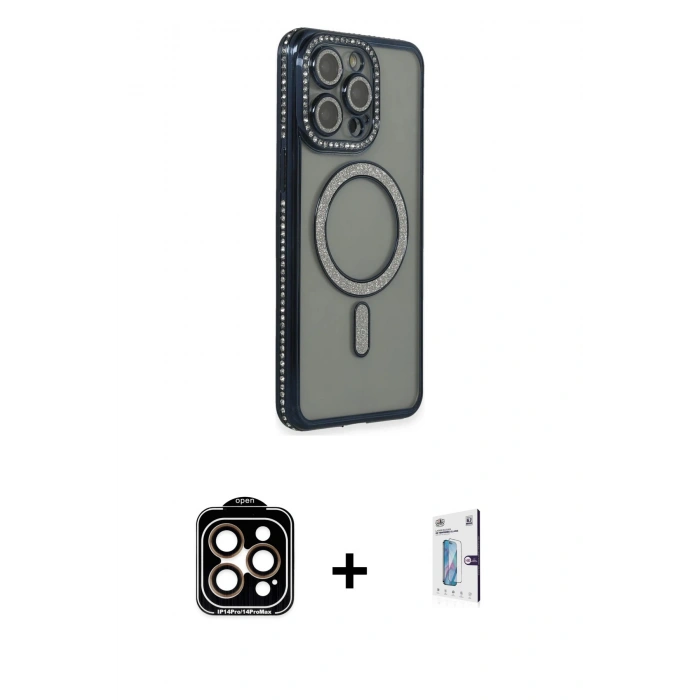 MARSİLYAN™- iPhone 15 Pro Max Kılıf Zirve Doku Prime - Siyah Bilvis 0.18mm Plus Cam Ekran Koruyucu + PVD Metal Kamera Lens - TU