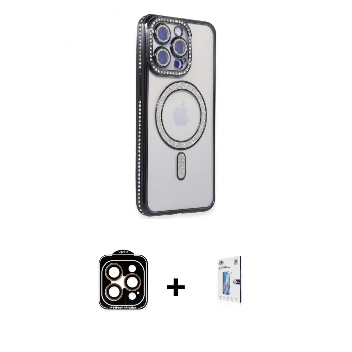 MARSİLYAN™- iPhone 15 Pro Max Kılıf Zirve Doku Prime - Siyah Bilvis 0.18mm Plus Cam Ekran Koruyucu + PVD Metal Kamera Lens - TU