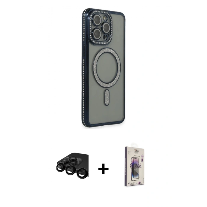 MARSİLYAN™- iPhone 15 Pro Max Kılıf Zirve Doku Prime - Siyah Bilvis 3D Cam Ekran Koruyucu + Raze Metal Kamera Lens - SH