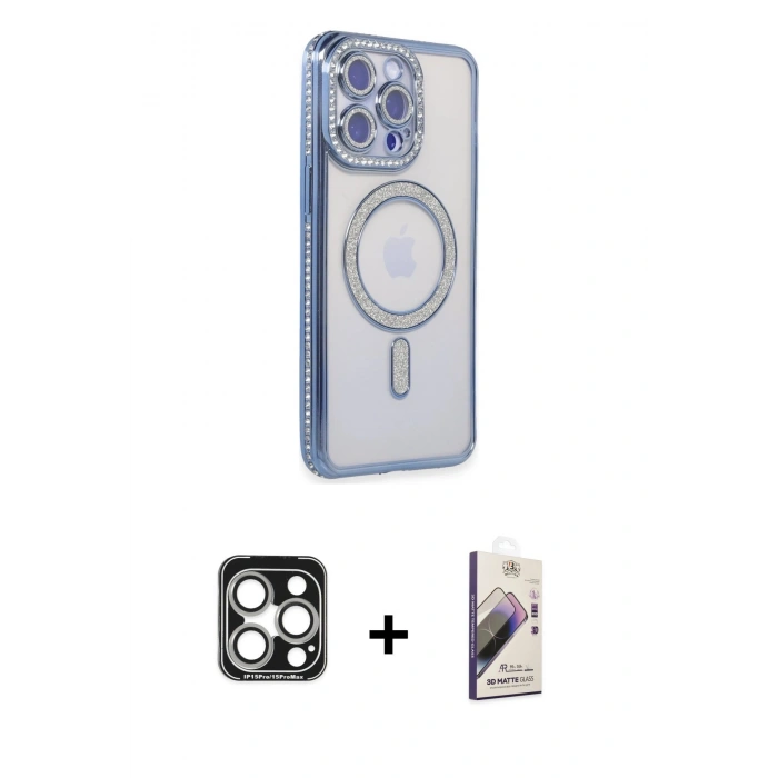MARSİLYAN™- iPhone 15 Pro Max Kılıf Zirve Doku Prime - Siyah Bilvis 3D Mat Cam Ekran Koruyucu + PVD Metal Kamera Lens - GS