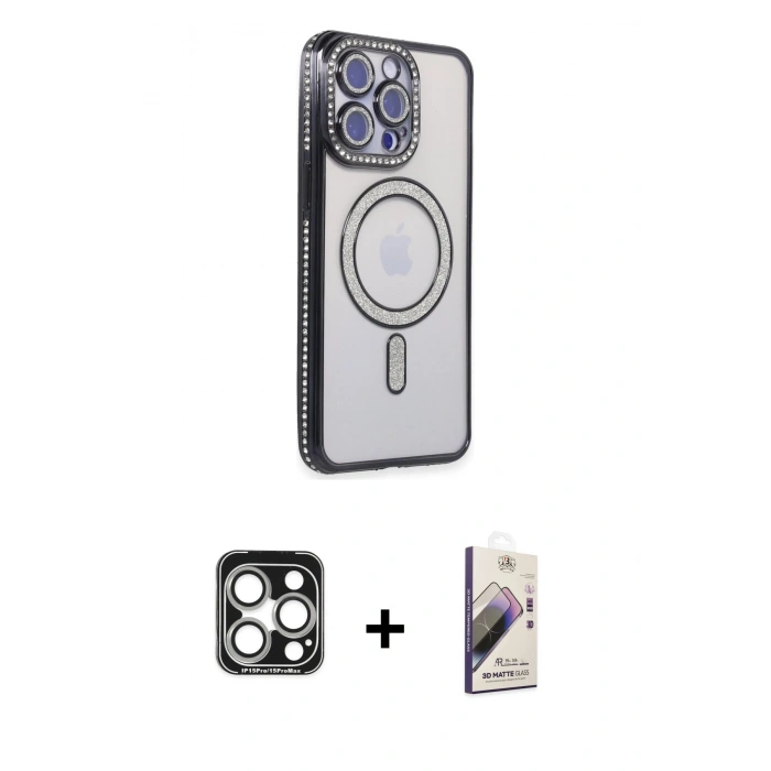 MARSİLYAN™- iPhone 15 Pro Max Kılıf Zirve Doku Prime - Siyah Bilvis 3D Mat Cam Ekran Koruyucu + PVD Metal Kamera Lens - GS
