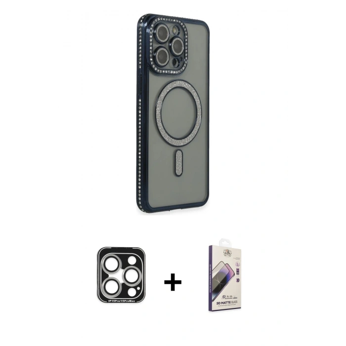 MARSİLYAN™- iPhone 15 Pro Max Kılıf Zirve Doku Prime - Siyah Bilvis 3D Mat Cam Ekran Koruyucu + PVD Metal Kamera Lens - GS