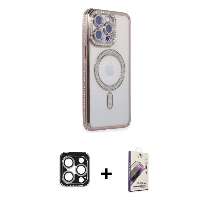 MARSİLYAN™- iPhone 15 Pro Max Kılıf Zirve Doku Prime - Siyah Bilvis 3D Mat Cam Ekran Koruyucu + PVD Metal Kamera Lens - GS