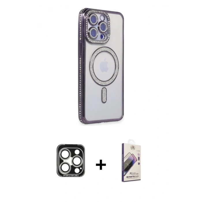MARSİLYAN™- iPhone 15 Pro Max Kılıf Zirve Doku Prime - Siyah Bilvis 3D Mat Cam Ekran Koruyucu + PVD Metal Kamera Lens - GS