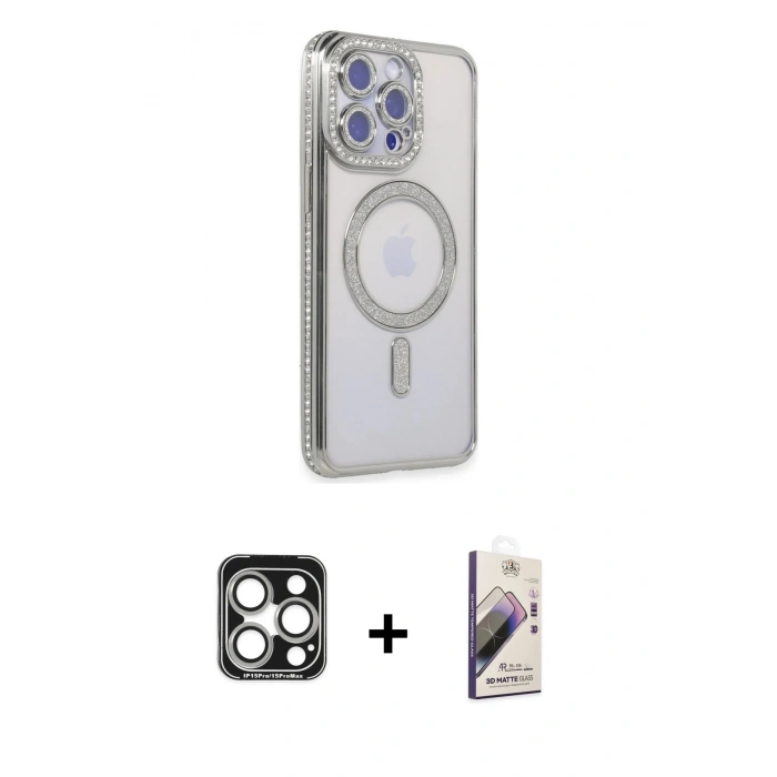 MARSİLYAN™- iPhone 15 Pro Max Kılıf Zirve Doku Prime - Siyah Bilvis 3D Mat Cam Ekran Koruyucu + PVD Metal Kamera Lens - GS