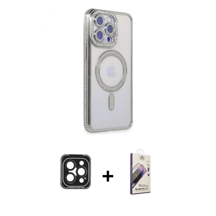 MARSİLYAN™- iPhone 15 Pro Max Kılıf Zirve Doku Prime - Siyah Bilvis 3D Mat Cam Ekran Koruyucu + PVD Metal Kamera Lens - SH