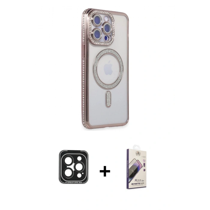 MARSİLYAN™- iPhone 15 Pro Max Kılıf Zirve Doku Prime - Siyah Bilvis 3D Mat Cam Ekran Koruyucu + PVD Metal Kamera Lens - SH