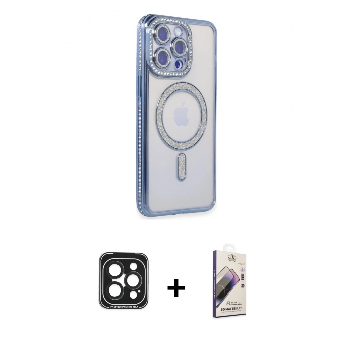 MARSİLYAN™- iPhone 15 Pro Max Kılıf Zirve Doku Prime - Siyah Bilvis 3D Mat Cam Ekran Koruyucu + PVD Metal Kamera Lens - SH