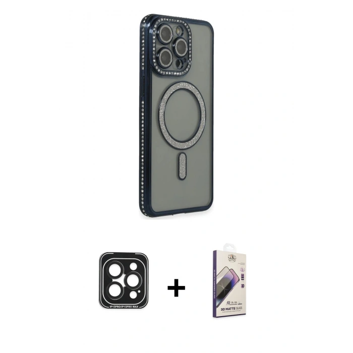 MARSİLYAN™- iPhone 15 Pro Max Kılıf Zirve Doku Prime - Siyah Bilvis 3D Mat Cam Ekran Koruyucu + PVD Metal Kamera Lens - SH