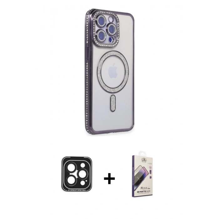 MARSİLYAN™- iPhone 15 Pro Max Kılıf Zirve Doku Prime - Siyah Bilvis 3D Mat Cam Ekran Koruyucu + PVD Metal Kamera Lens - SH