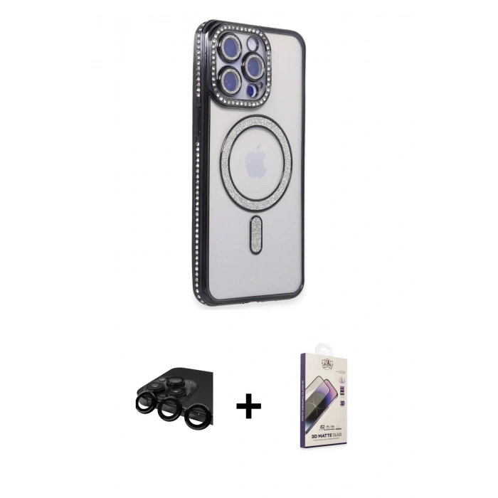 MARSİLYAN™- iPhone 15 Pro Max Kılıf Zirve Doku Prime - Siyah Bilvis 3D Mat Cam Ekran Koruyucu + Raze Metal Kamera Lens - SH