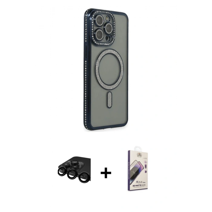 MARSİLYAN™- iPhone 15 Pro Max Kılıf Zirve Doku Prime - Siyah Bilvis 3D Mat Cam Ekran Koruyucu + Raze Metal Kamera Lens - SH