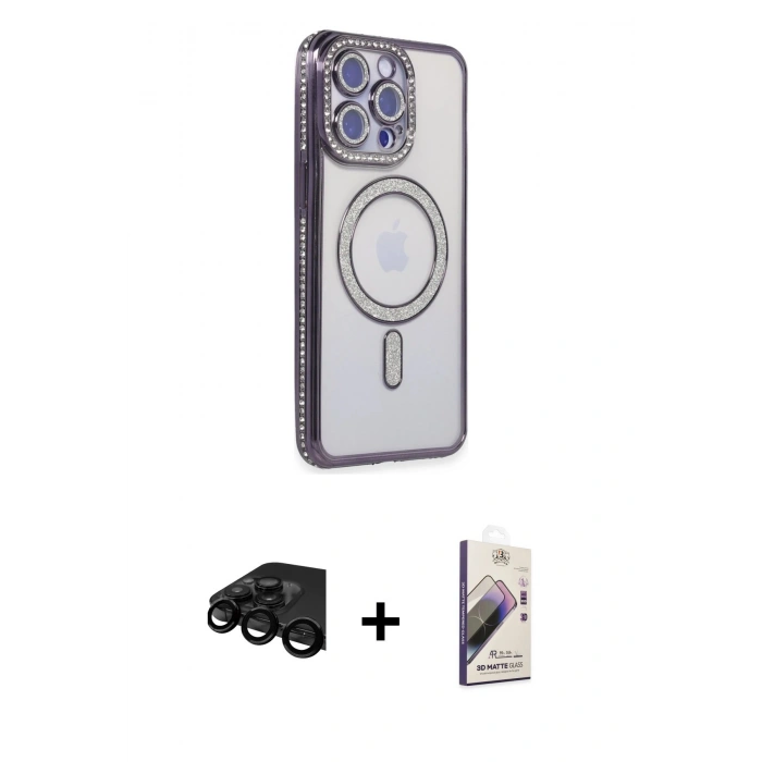 MARSİLYAN™- iPhone 15 Pro Max Kılıf Zirve Doku Prime - Siyah Bilvis 3D Mat Cam Ekran Koruyucu + Raze Metal Kamera Lens - SH