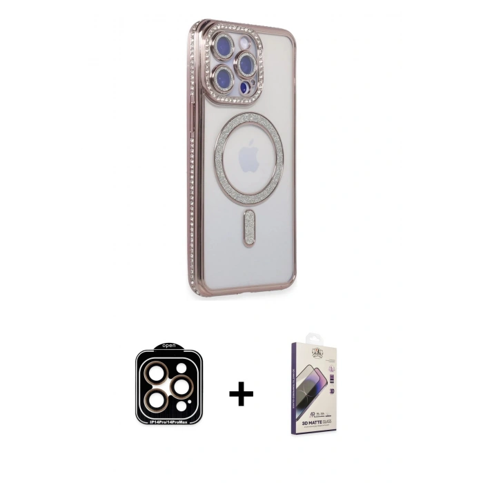 MARSİLYAN™- iPhone 15 Pro Max Kılıf Zirve Doku Prime - Siyah Bilvis 3D Mat Cam Ekran Koruyucu + PVD Metal Kamera Lens - TU