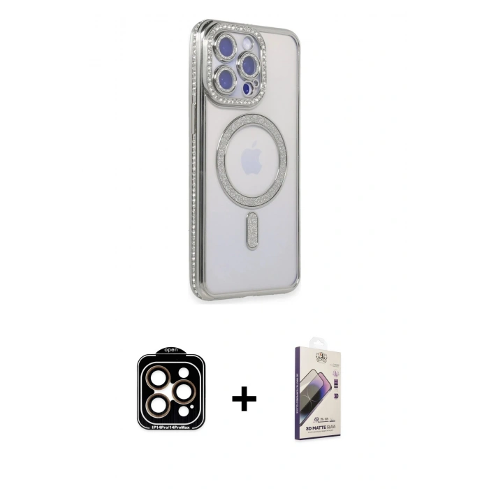 MARSİLYAN™- iPhone 15 Pro Max Kılıf Zirve Doku Prime - Siyah Bilvis 3D Mat Cam Ekran Koruyucu + PVD Metal Kamera Lens - TU